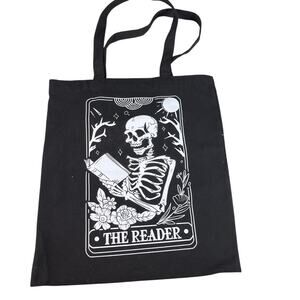 The Reader Tote Bag Book Bag Skeleton Black White Spooky Goth Halloween